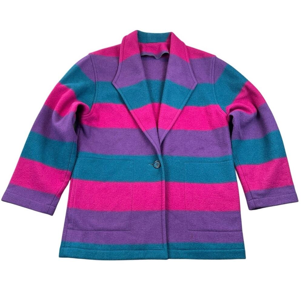 Vintage 80s 90s ILGWU Striped Wool Blazer Pink Purple Teal Knit Jacket Women’s S